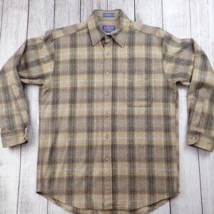 Pendleton Mens M Brown Plaid 100% Virgin Wool Lodge Button Up Long Sleeve Shirt